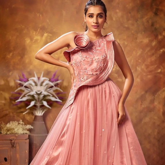 Wear better, look better. Peach Net Designer Handworked Gown - Picture 1 of 2